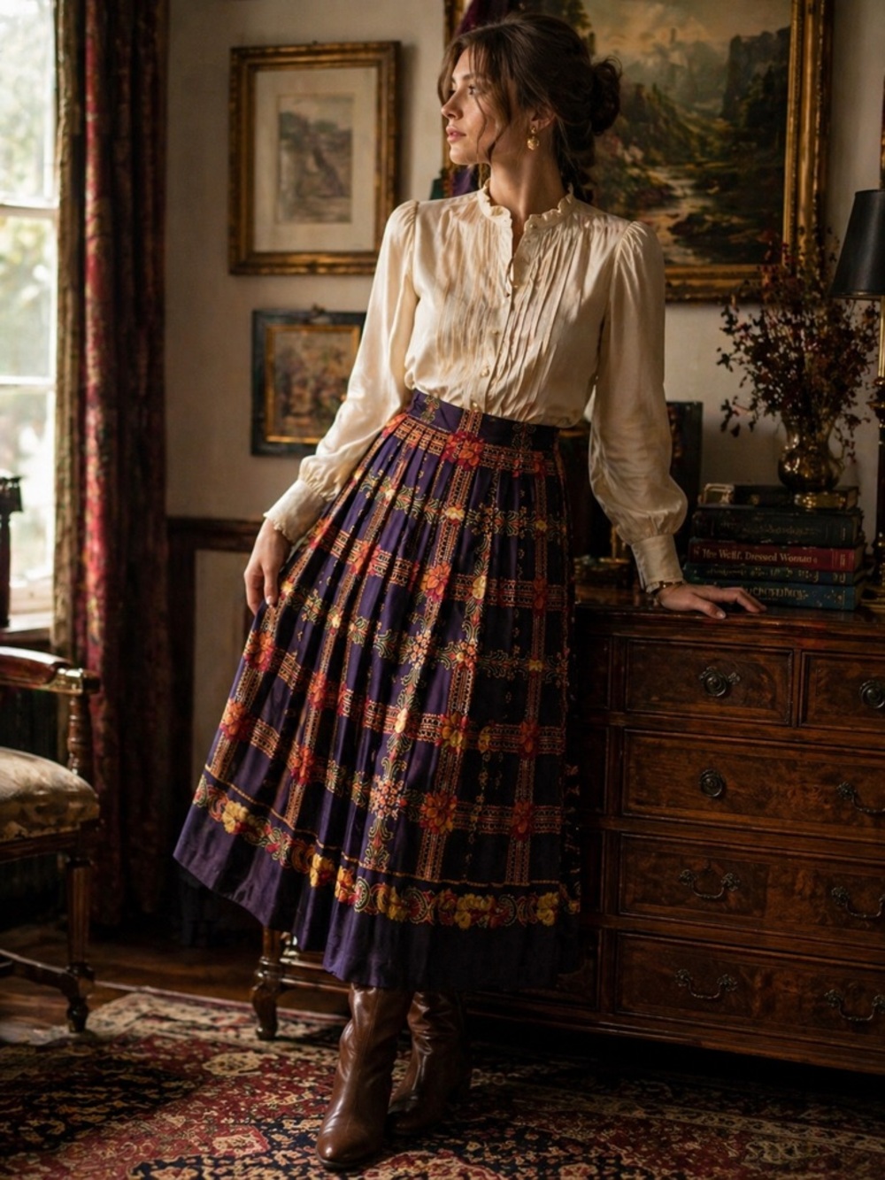 Vintage Pleated Midi Skirt Baroque Print Dark Academia Equestrian 12